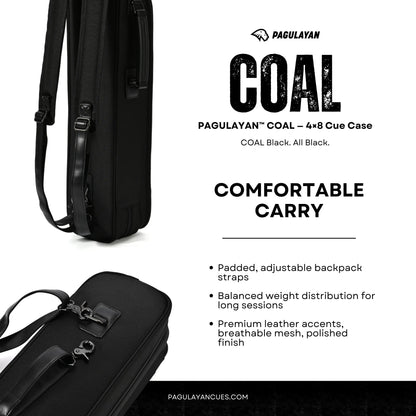 Padded, adjustable backpack straps on the Pagulayan COAL 4x8 cue case for balanced weight distribution and comfortable carry.