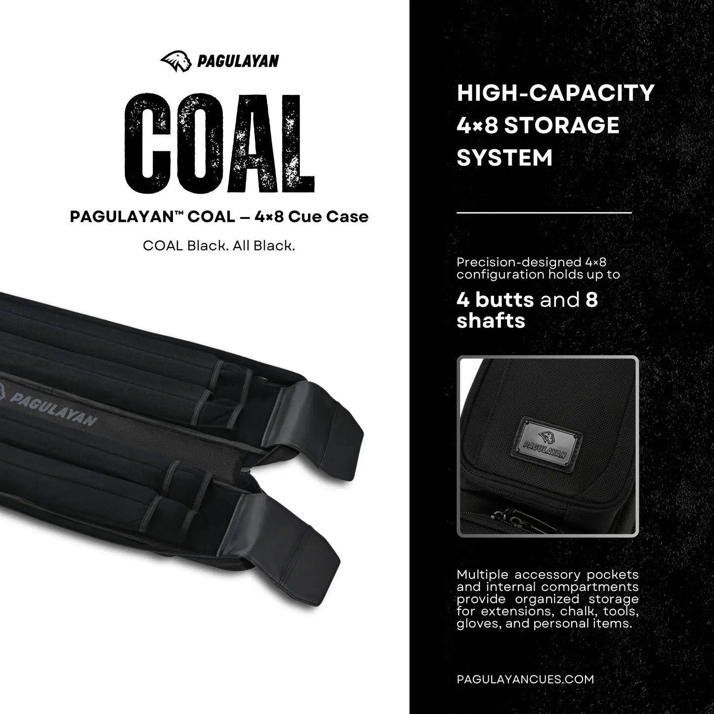 Interior view of the Pagulayan COAL 4x8 cue case showing organized storage for 4 butts and 8 shafts.