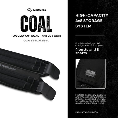 Interior view of the Pagulayan COAL 4x8 cue case showing organized storage for 4 butts and 8 shafts.