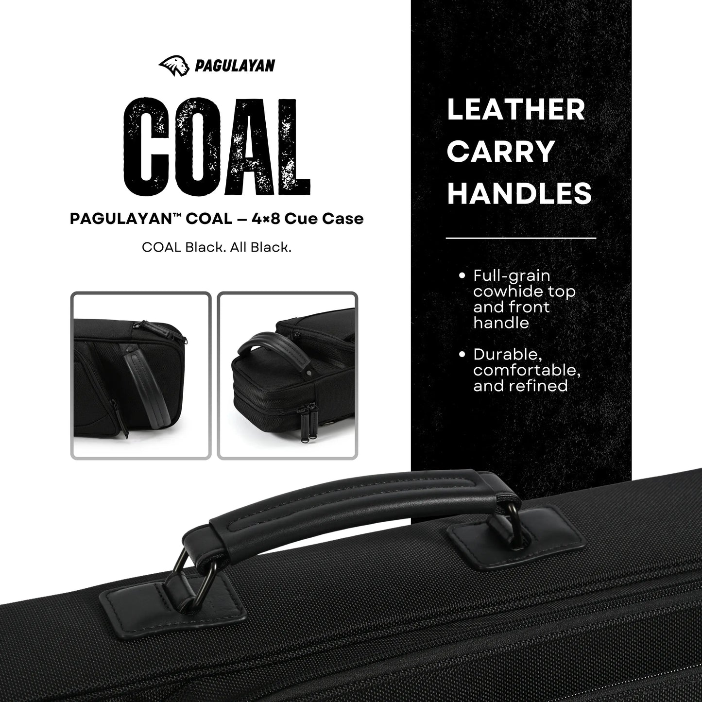 Full-grain leather carry handles on the Pagulayan COAL 4x8 cue case, designed for durability, comfort, and a refined grip.