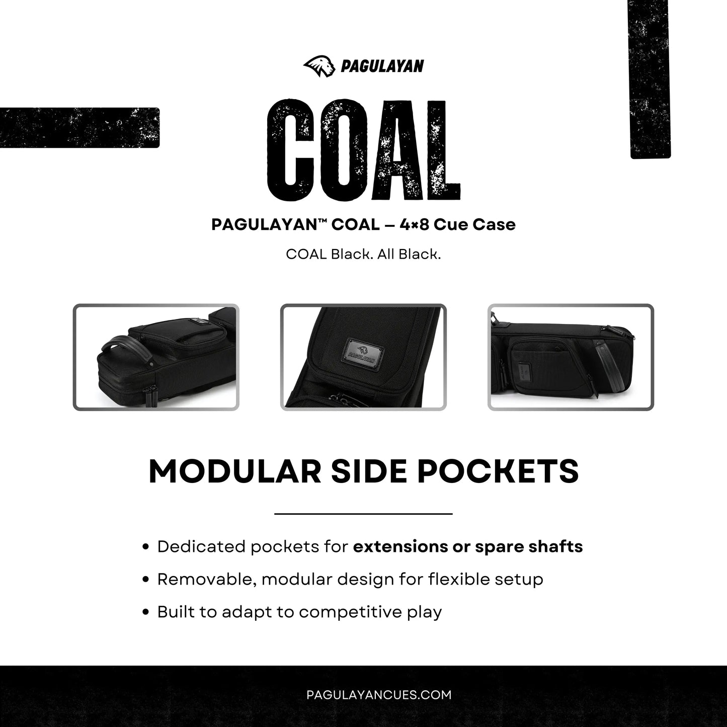 Pagulayan COAL 4x8 cue case with removable modular side pockets for extension cues or spare shafts.