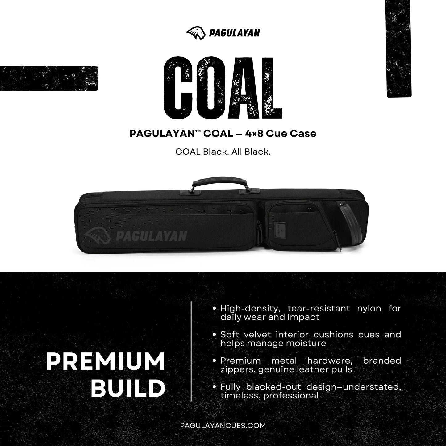 Pagulayan COAL 4x8 cue case showcasing premium nylon construction, accessory pockets, and a fully black professional design.