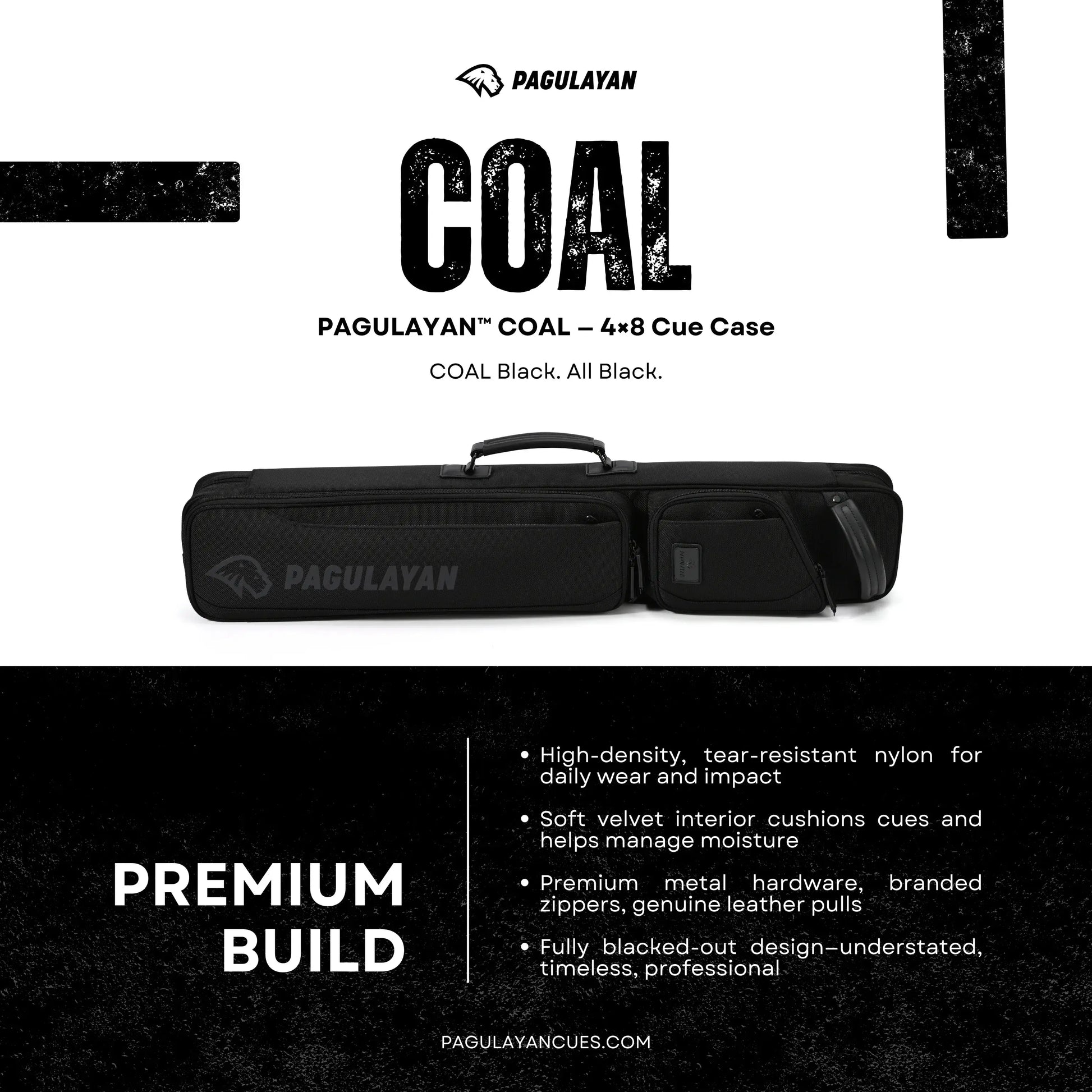 Pagulayan COAL 4x8 cue case showcasing premium nylon construction, accessory pockets, and a fully black professional design.