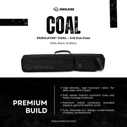 Pagulayan COAL 4x8 cue case showcasing premium nylon construction, accessory pockets, and a fully black professional design.