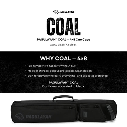 Pagulayan COAL 4x8 cue case highlighting high-capacity storage, modular design, and a clean all-black professional look.