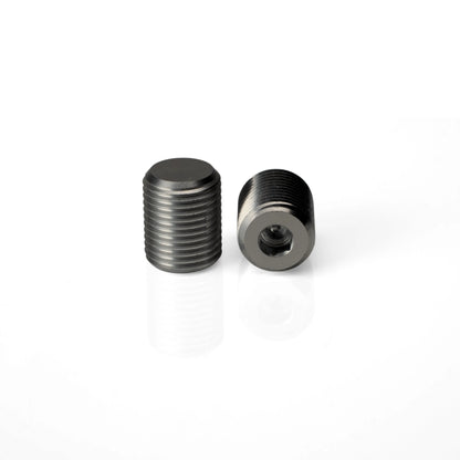 Two Pagulayan cue weight bolts with one positioned to show the recessed Allen wrench socket.