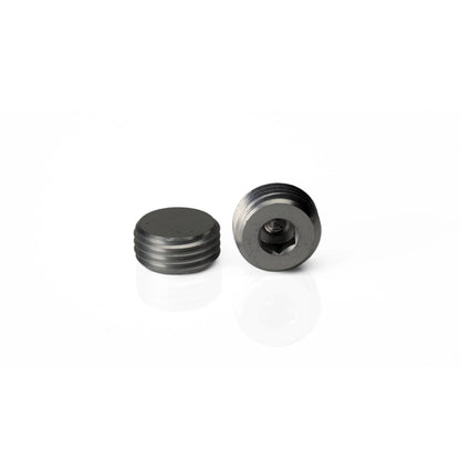 Two low-profile Pagulayan cue weight bolts, with one showing the recessed Allen wrench socket for adjustment.