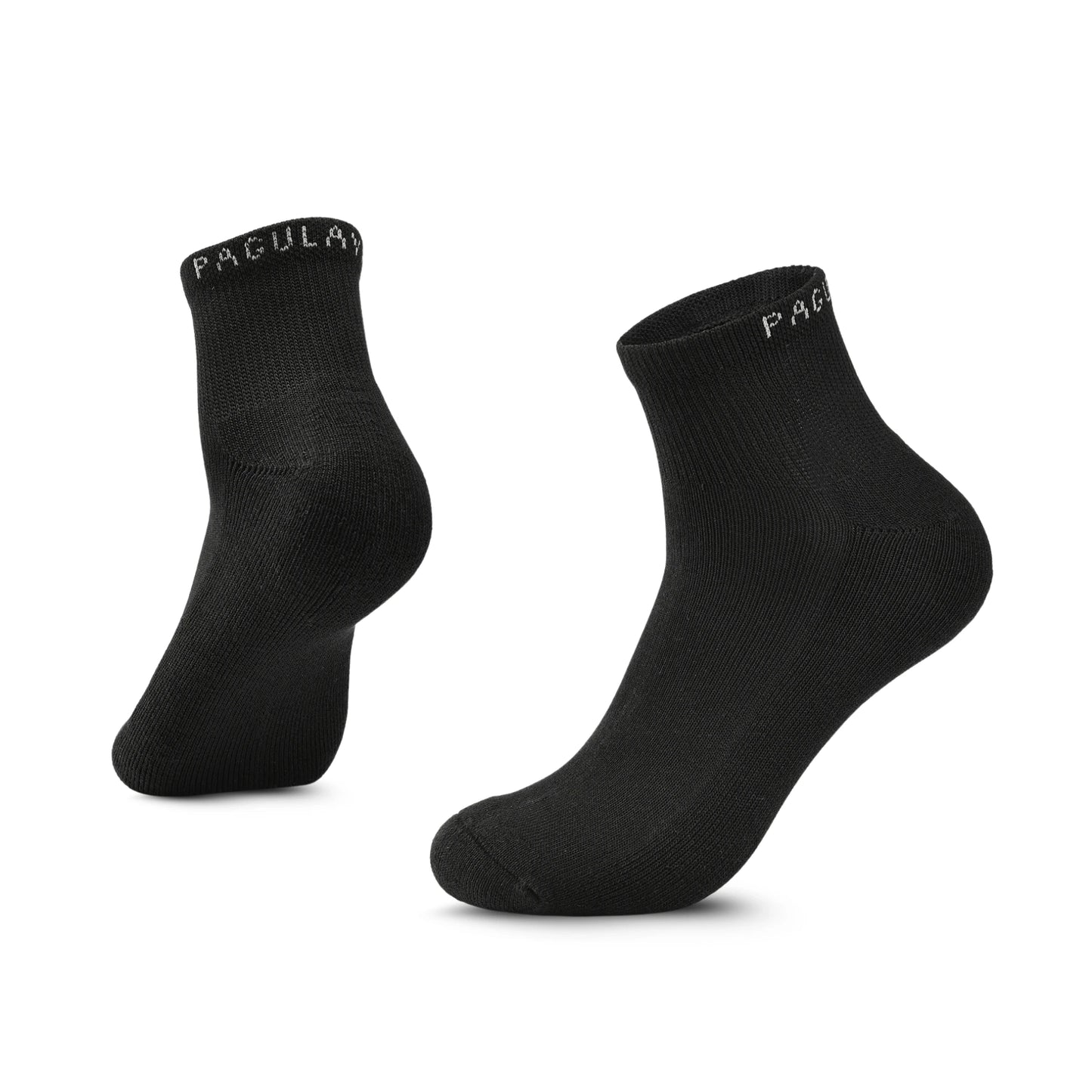 Pair of Pagulayan Everyday black crew socks showing fit, shape, and ankle height.