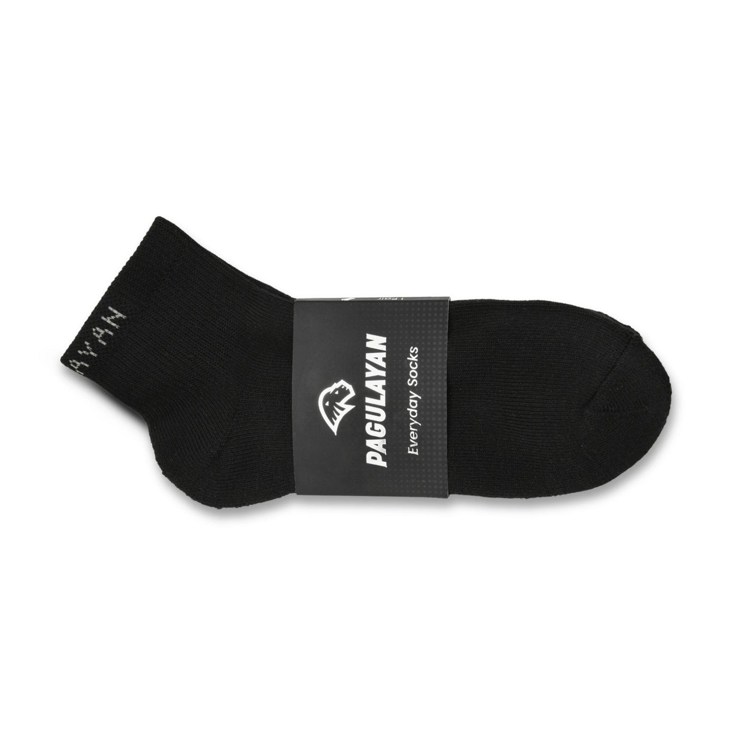 Side view of Pagulayan Everyday black crew sock showing fit, shape, and branded packaging.