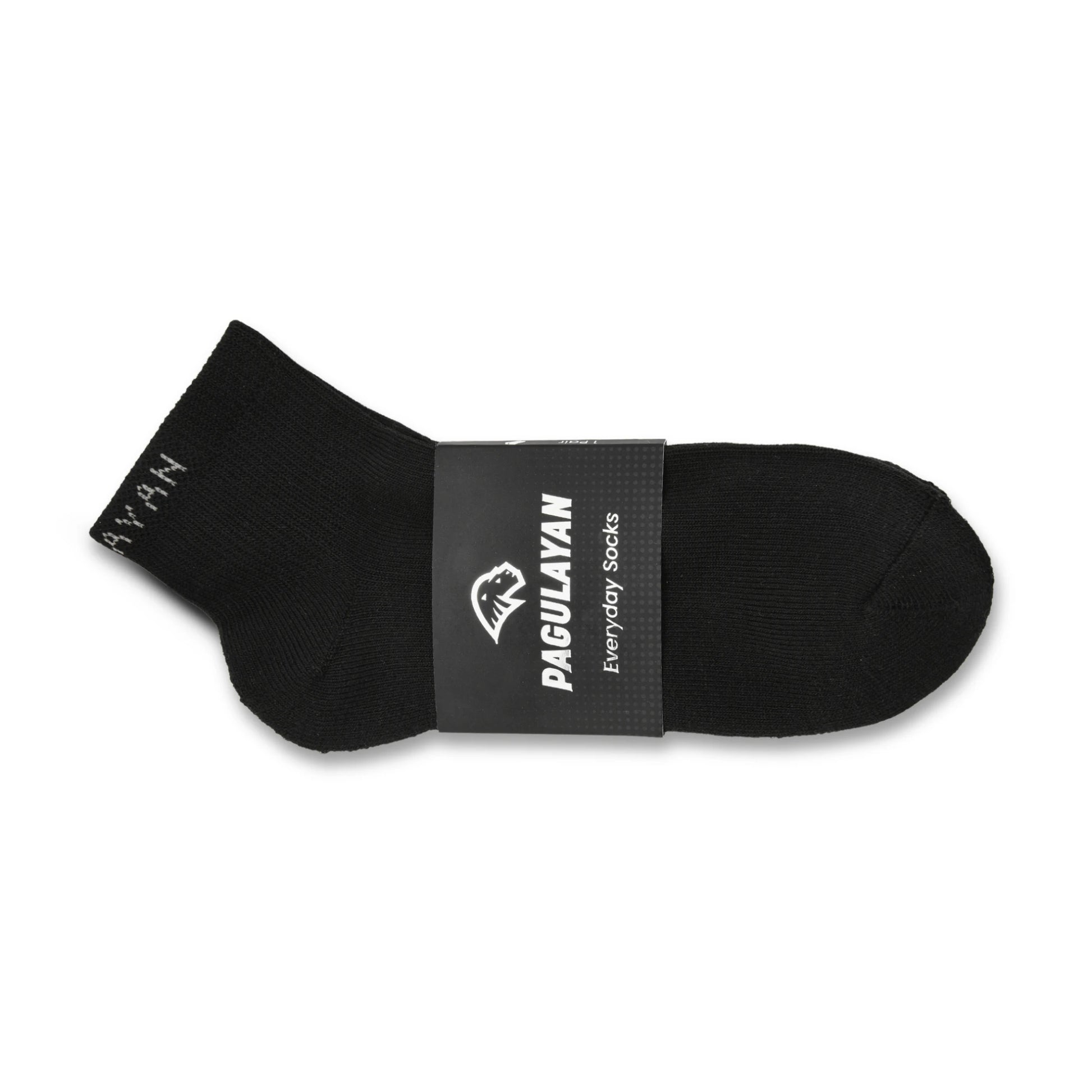 Side view of Pagulayan Everyday black crew sock showing fit, shape, and branded packaging.