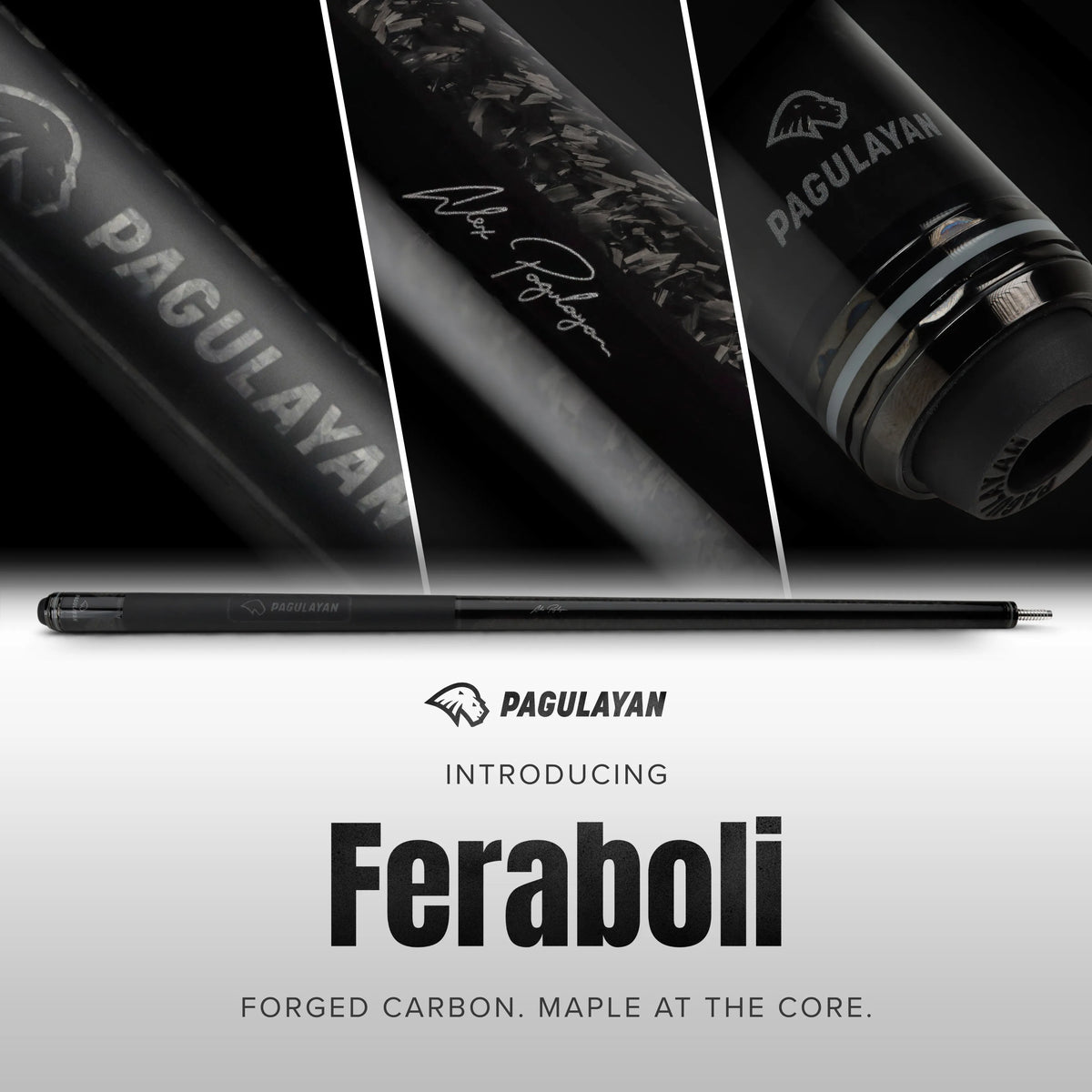 Pagulayan Feraboli forged carbon pool cue butt with maple core and signature details.