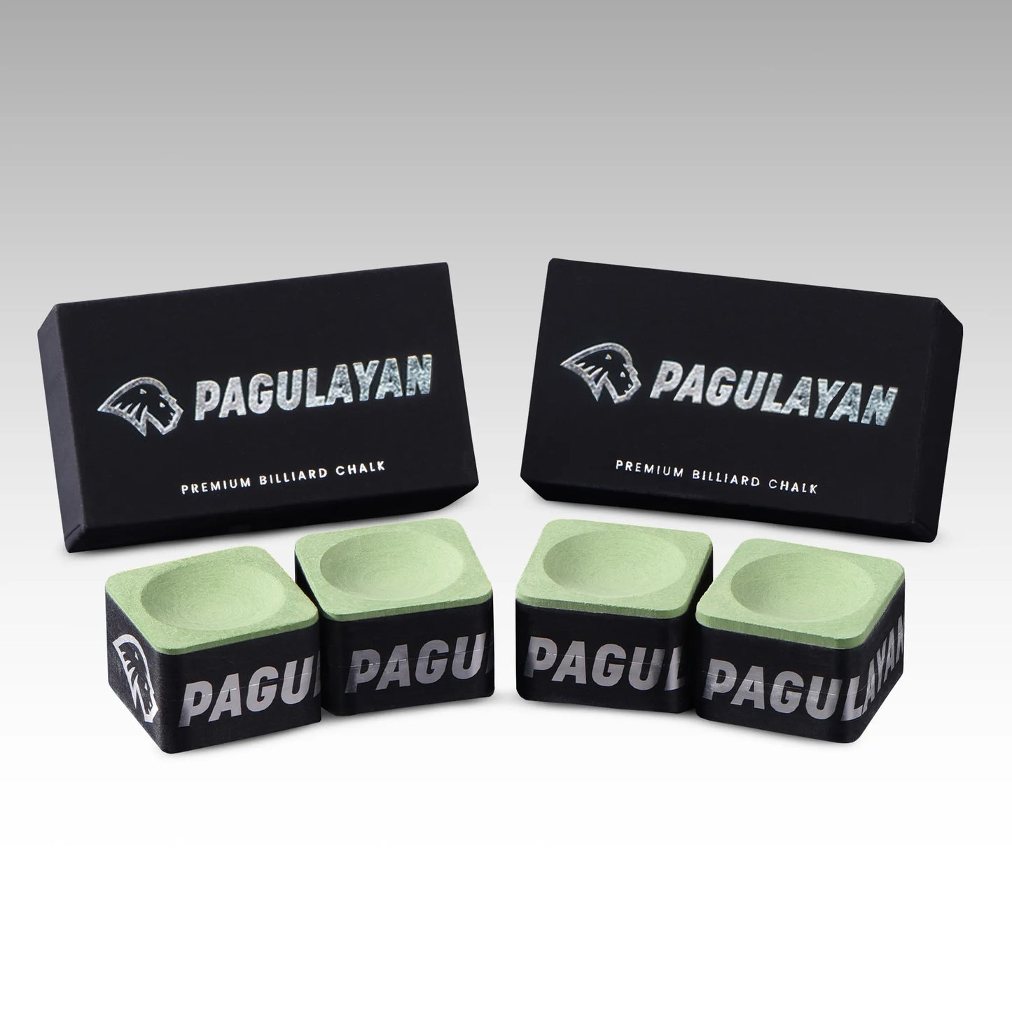 Four pieces of Pagulayan Green Chalk arranged in front of two branded boxes in a clean product photo.
