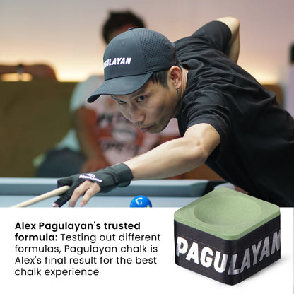 Alex Pagulayan taking a shot with Pagulayan Green Chalk shown beside him in a product feature image.