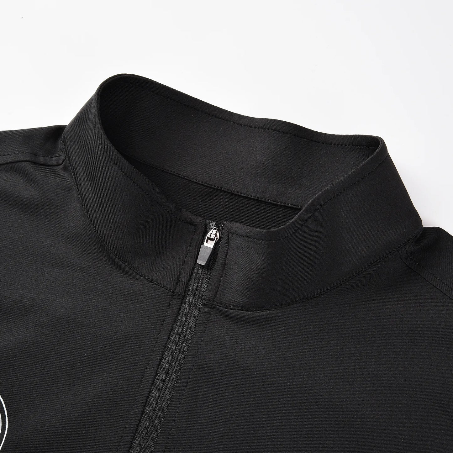 Close-up view of the Pagulayan jersey’s high collar and zipper showing the smooth black fabric and clean stitching.
