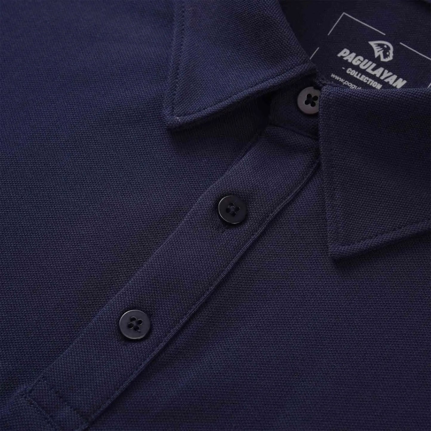 Close-up of Pagulayan Just Right cotton pique polo shirt collar and buttons in navy, breathable billiards polo shirt.