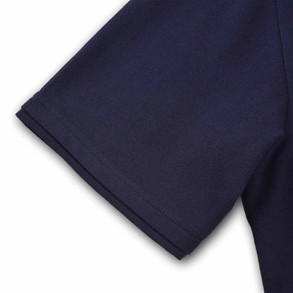 Close-up of navy sleeve hem on Pagulayan Just Right cotton pique polo shirt showing durable stitching and fabric.