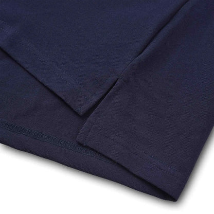 Split hem detail on Pagulayan Just Right navy cotton pique polo shirt showing breathable fabric and clean stitching.