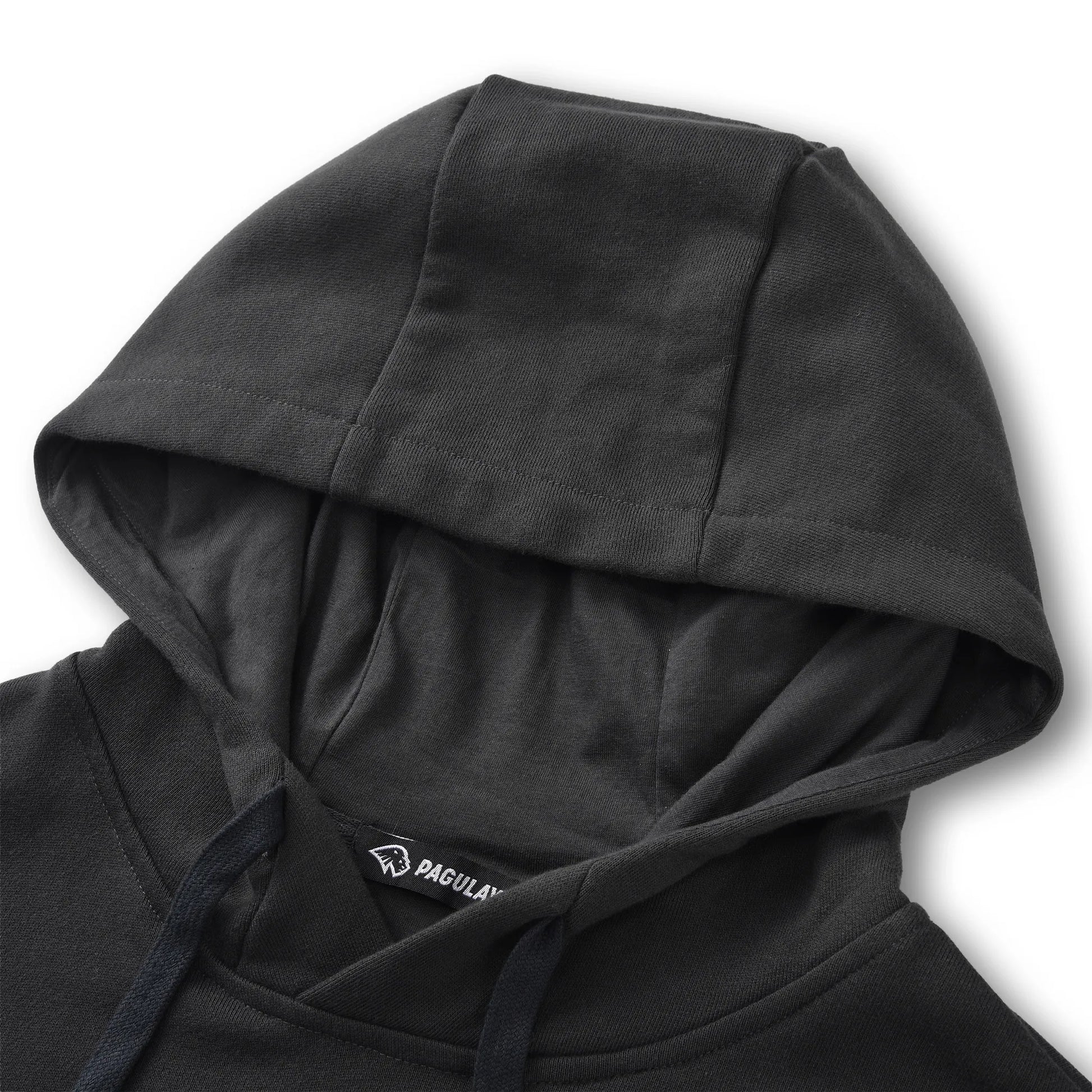 Close up of the Pagulayan Men’s Pocket Hoodie hood showing its stitching and inner label detail.