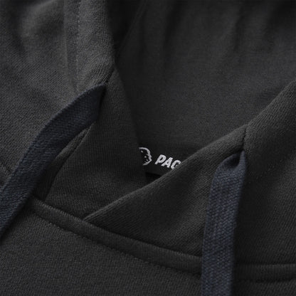 Close up of the Pagulayan Men’s Pocket Hoodie showing the hood stitching, drawstrings, and inner label detail.
