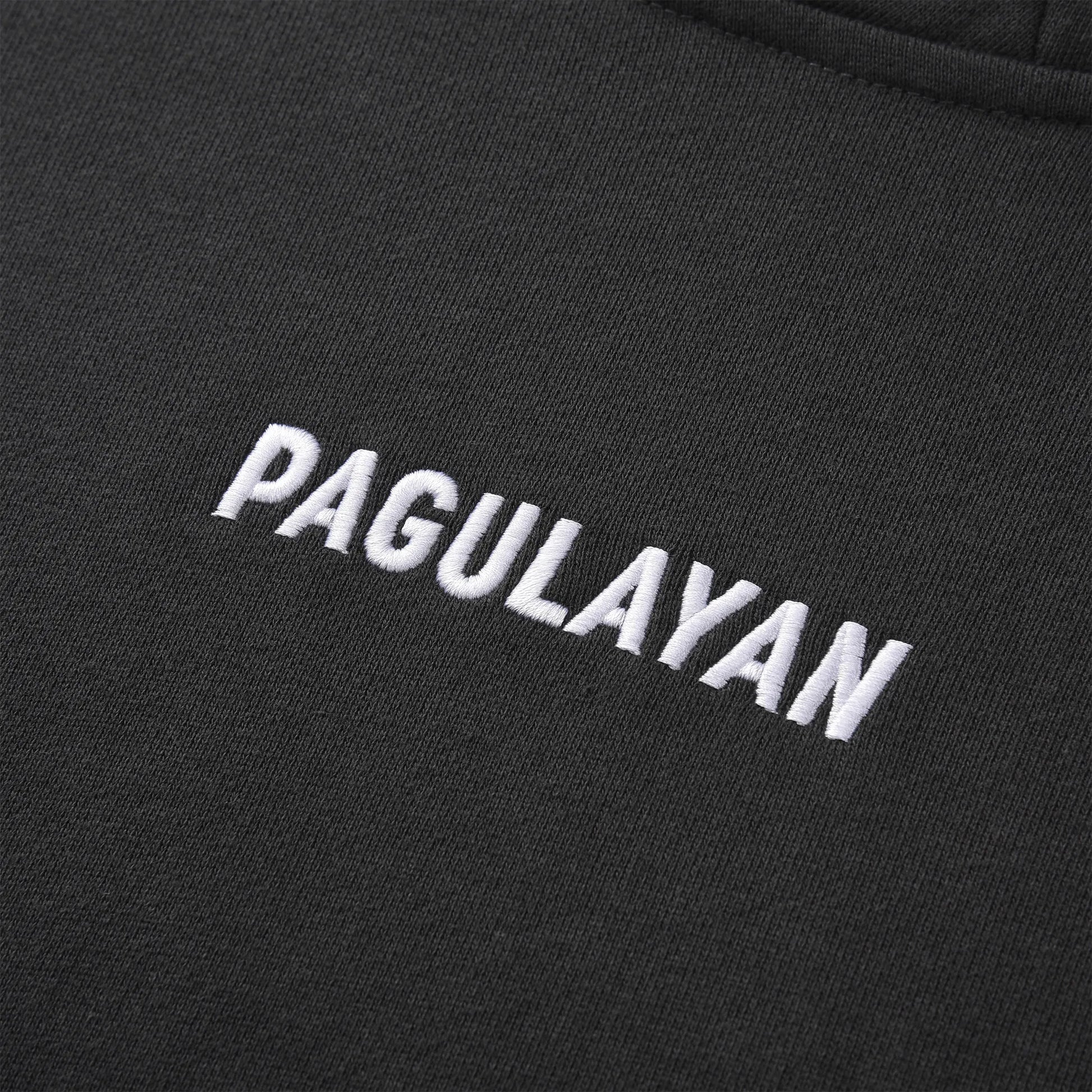 Close up of the Pagulayan Men’s Pocket Hoodie chest embroidery showing the raised white Pagulayan logo.