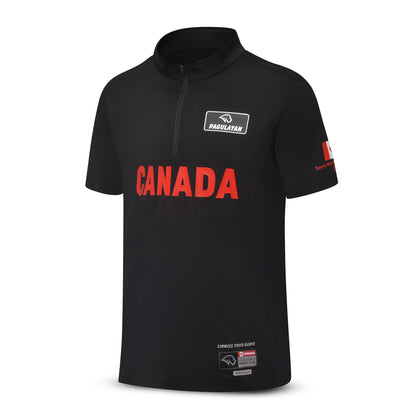 Angled view of the Pagulayan Men’s Team Canada billiards jersey showing red CANADA print and sleeve details.