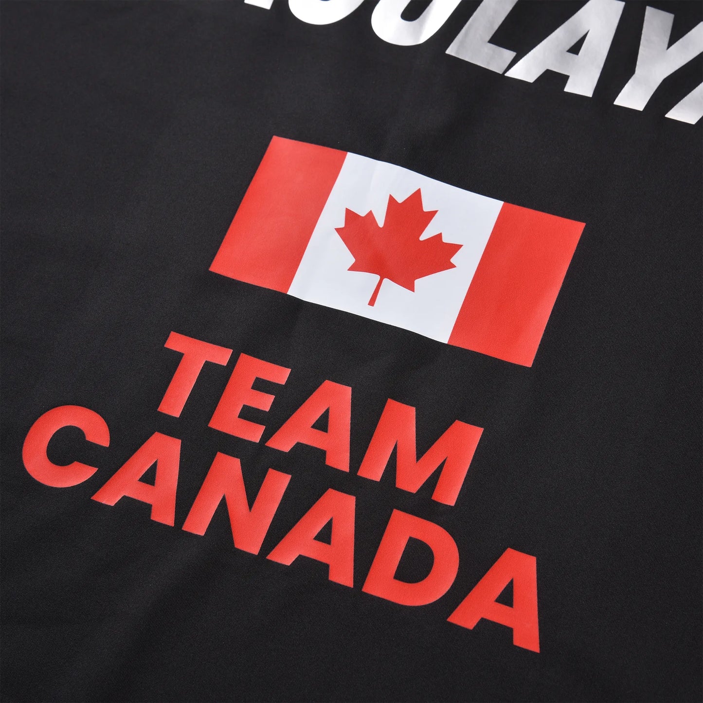 Close-up of the TEAM CANADA back print and Canadian flag on the Pagulayan Men’s Team Canada billiards jersey.
