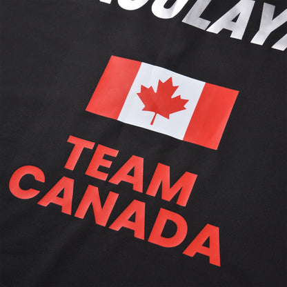 Close-up of the TEAM CANADA back print and Canadian flag on the Pagulayan Men’s Team Canada billiards jersey.
