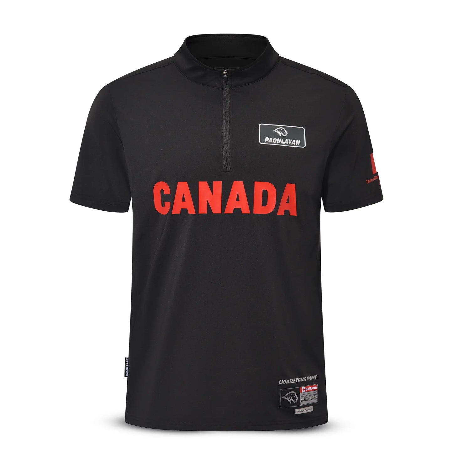 Front view of the Pagulayan Men’s Team Canada billiards jersey in black with red CANADA lettering.