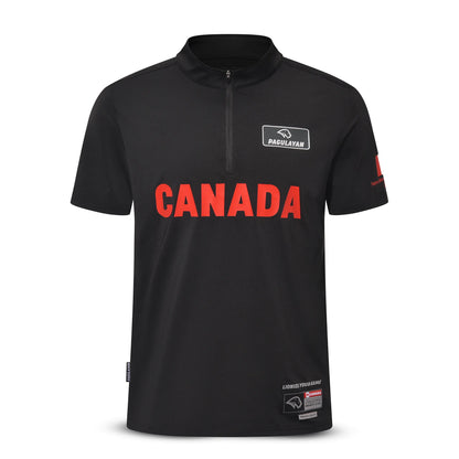 Front view of the Pagulayan Men’s Team Canada billiards jersey in black with red CANADA lettering.