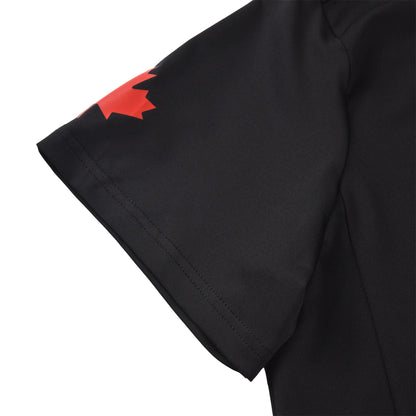 Sleeve detail of the Pagulayan Men’s Team Canada billiards jersey showing the red maple leaf graphic.