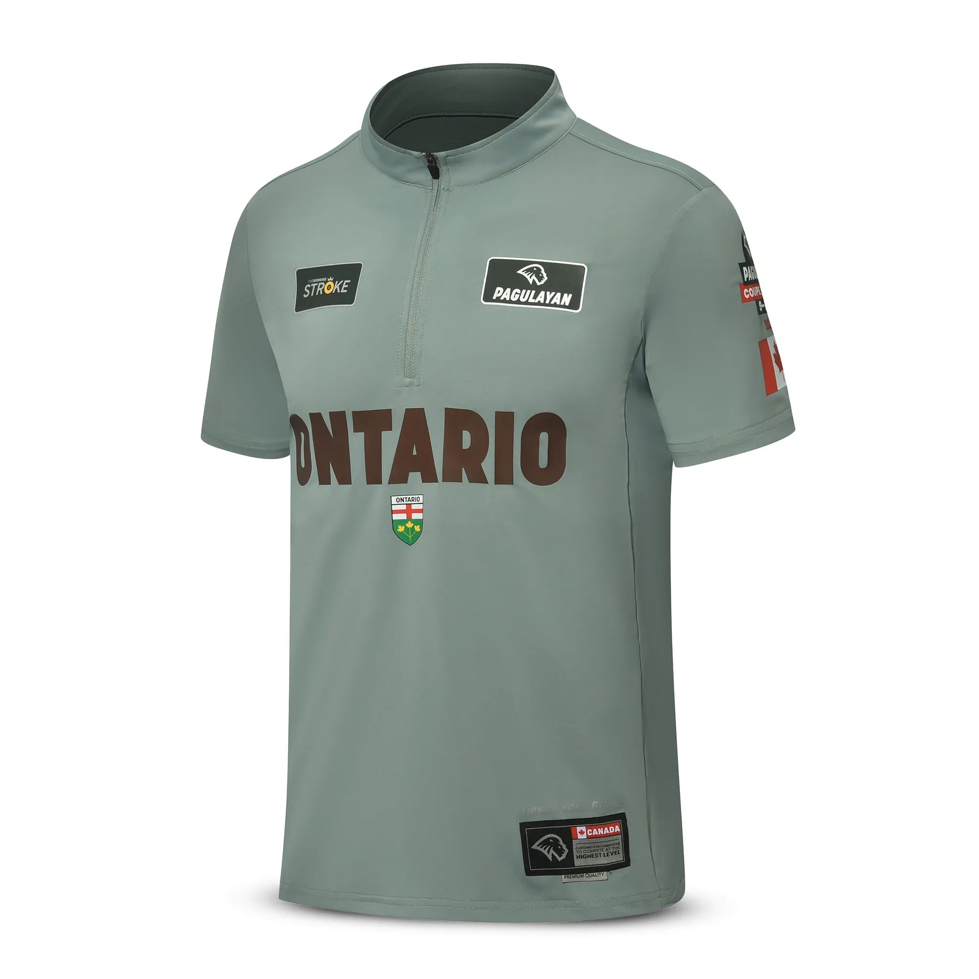 Angled front view of the Pagulayan Team Ontario Billiards Jersey showing the Ontario print, crest, and sponsor patches.