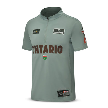 Angled front view of the Pagulayan Team Ontario Billiards Jersey showing the Ontario print, crest, and sponsor patches.