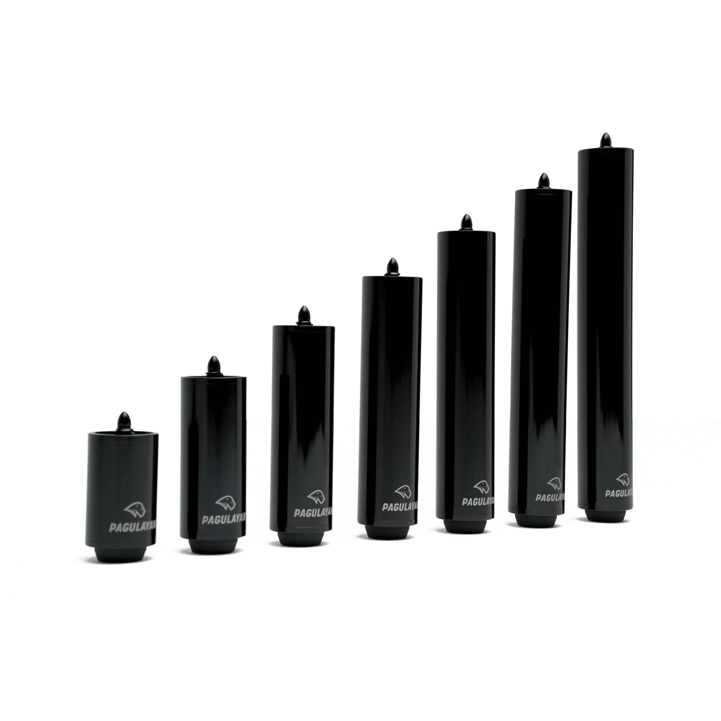 Front view of Pagulayan pool cue extensions available in 2, 3, 4, 5, 6, 7, and 8 inch lengths.