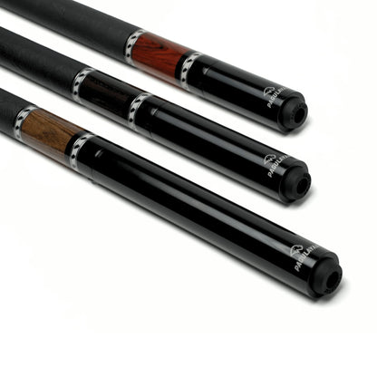 Pagulayan pool cue extensions installed on three billiard cues with different wood designs.