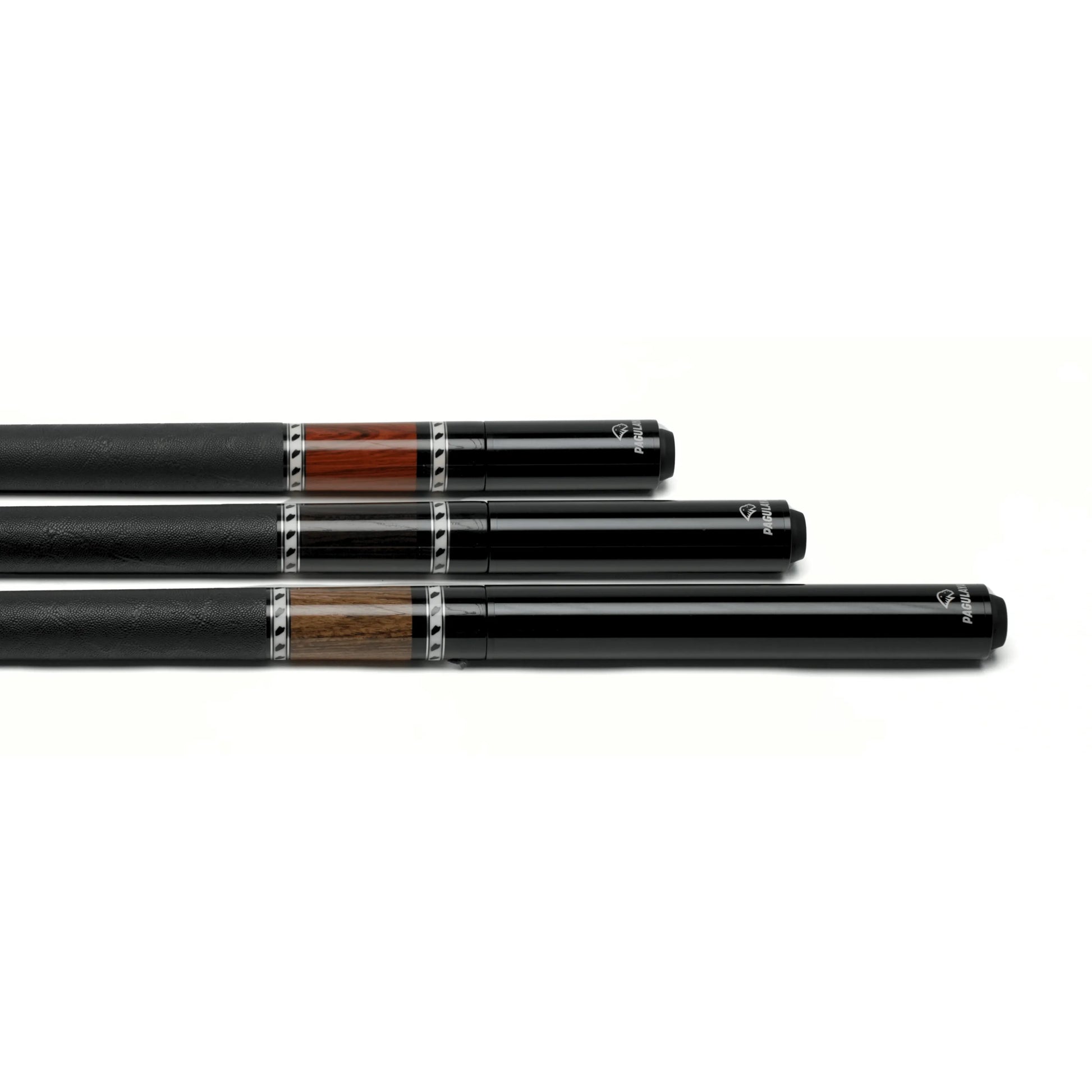 Side profile of Pagulayan pool cue extensions installed on three billiard cues in different lengths.