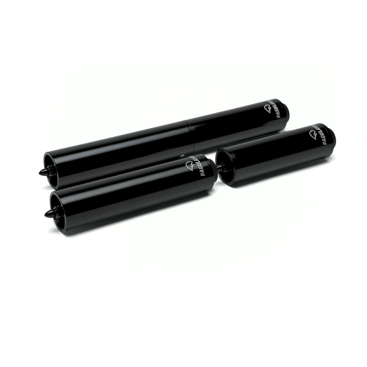 Three Pagulayan pool cue extensions displayed from multiple angles showing the threaded connector design.