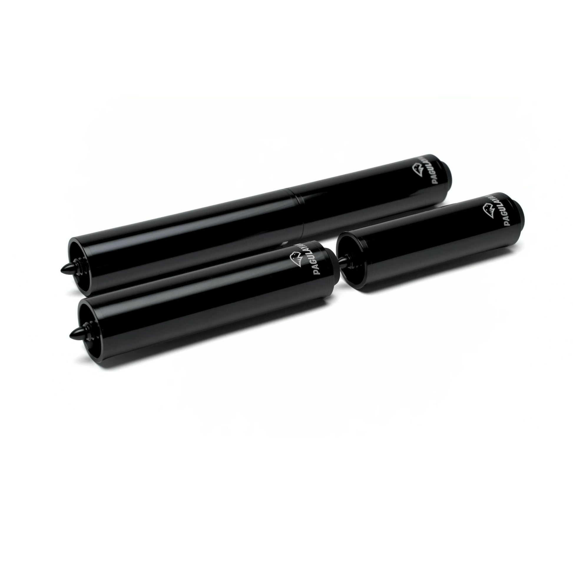 Three Pagulayan pool cue extensions displayed from multiple angles showing the threaded connector design.