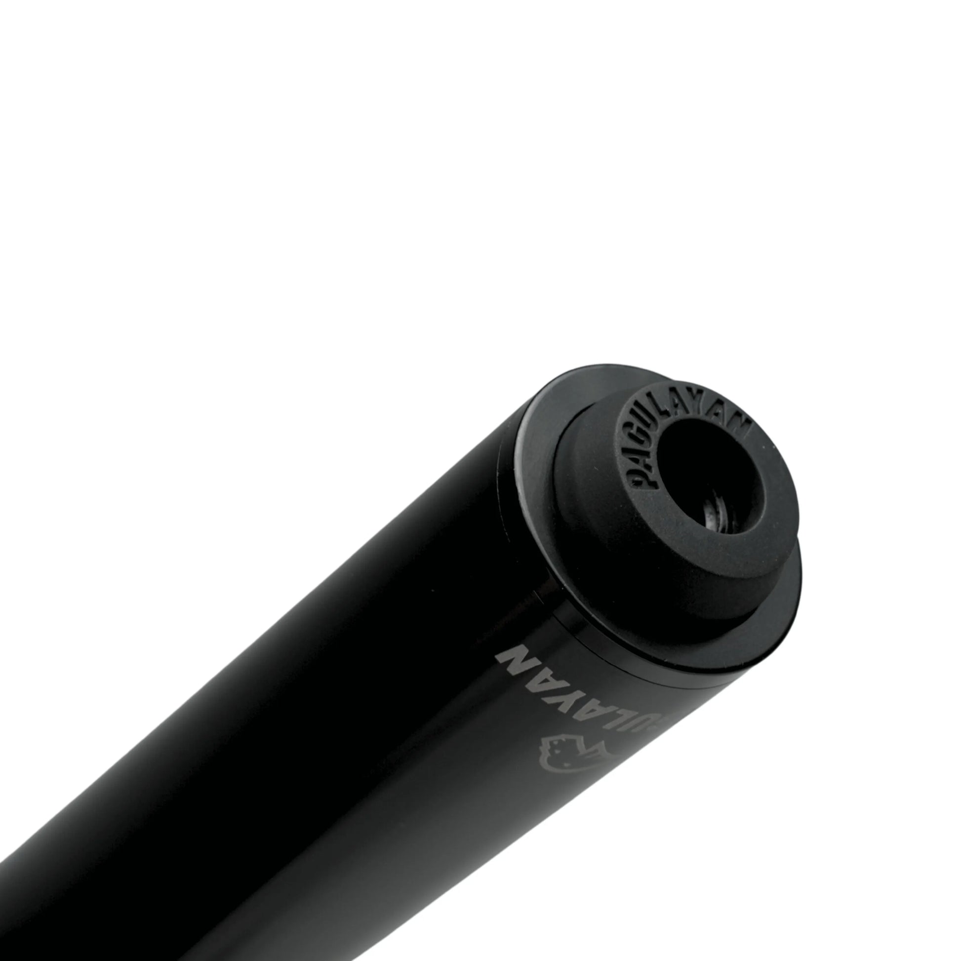 Close-up of the rubber bumper end on a Pagulayan pool cue extension with engraved branding.