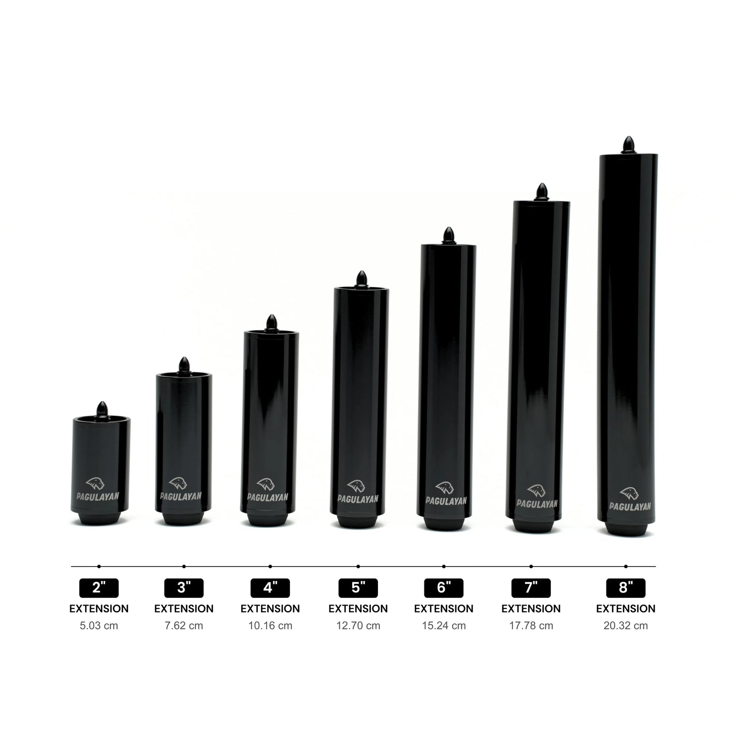 Pagulayan pool cue extension size guide showing 2, 3, 4, 5, 6, 7, and 8 inch extension options.
