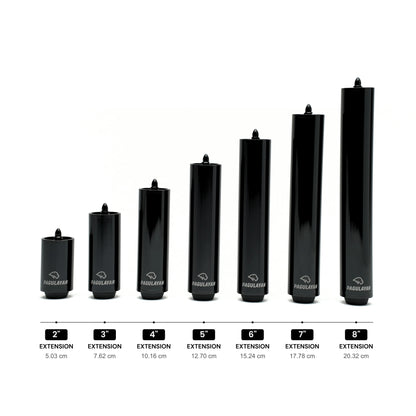 Pagulayan pool cue extension size guide showing 2, 3, 4, 5, 6, 7, and 8 inch extension options.