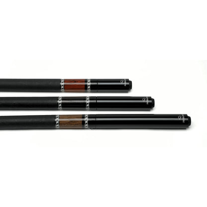 Pagulayan pool cue extensions shown in three different lengths installed on billiard cues.