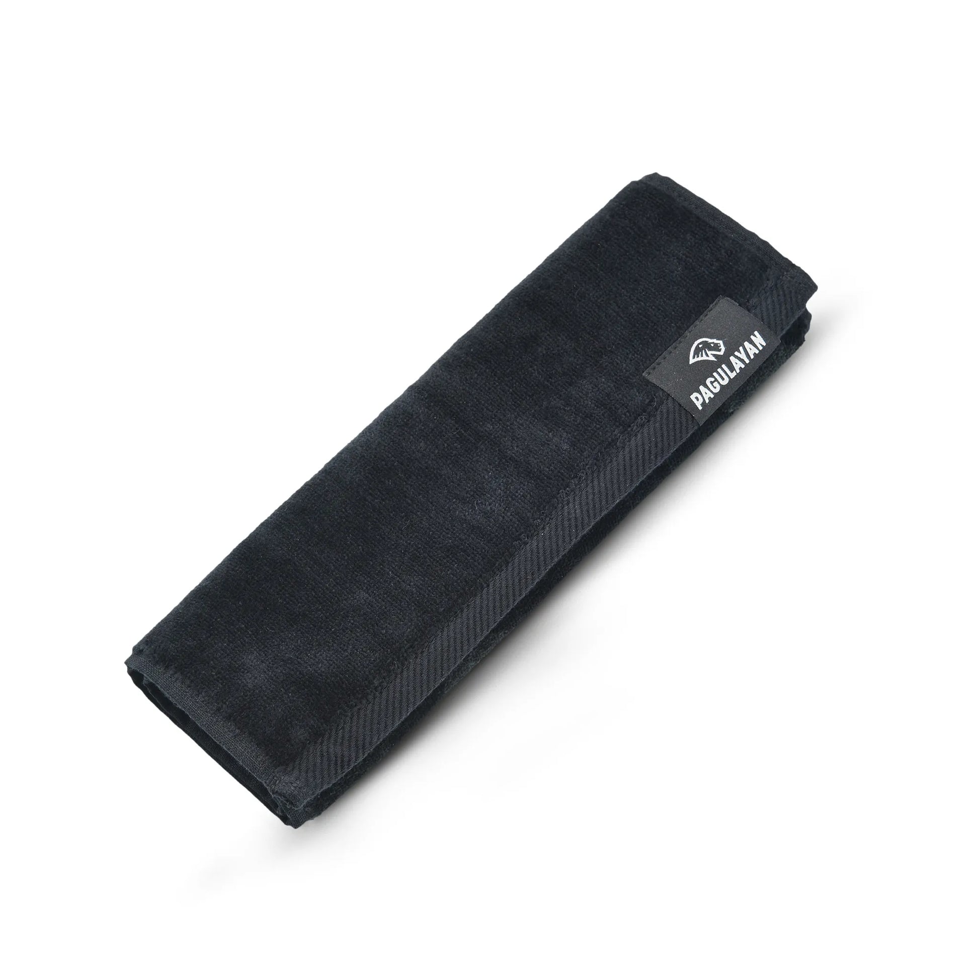 Folded Pagulayan pool cue towel made from 100% cotton, showing compact size and branded tag for easy storage.