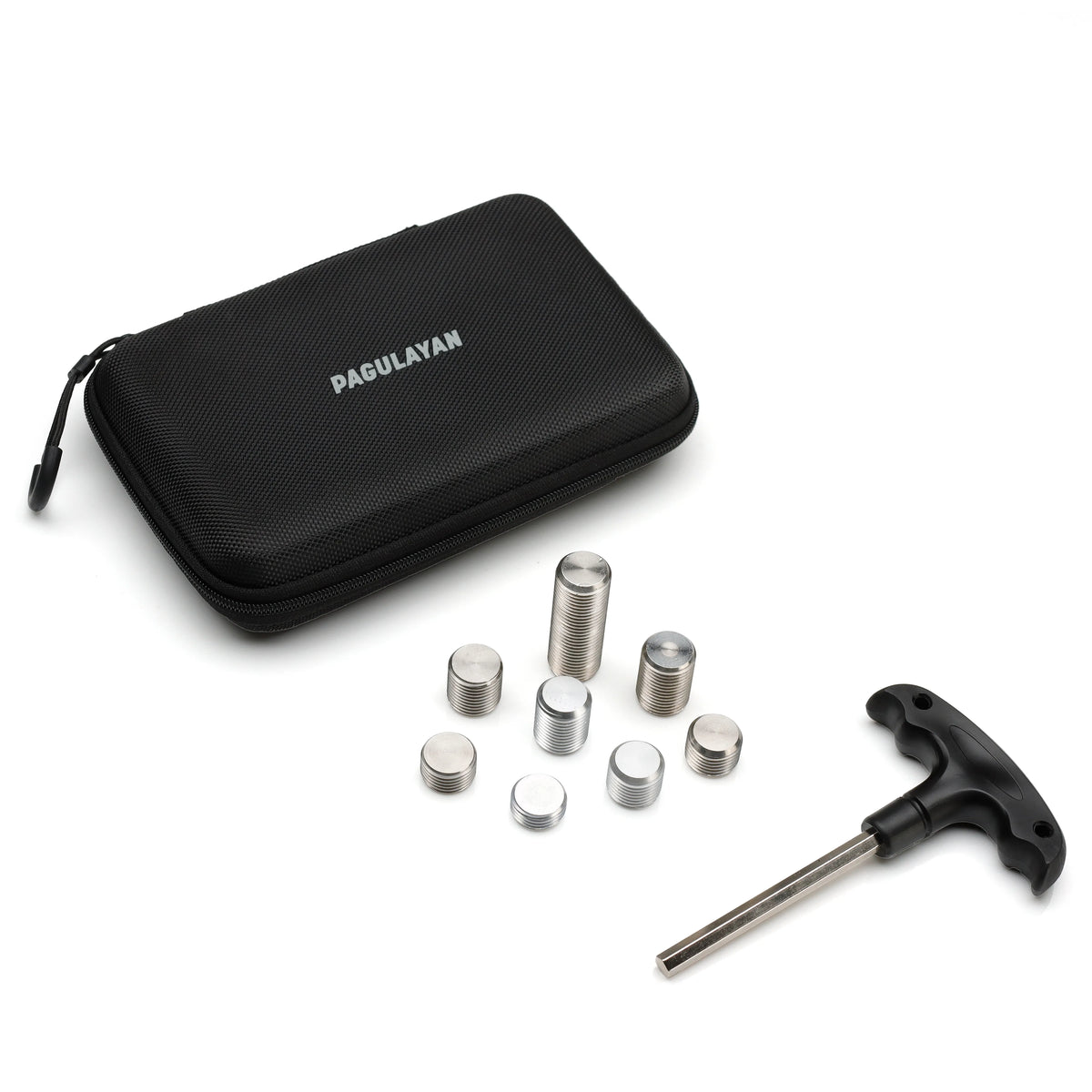 Pagulayan Precision cue weight bolt kit with eight interchangeable weights, carrying case and Allen wrench.