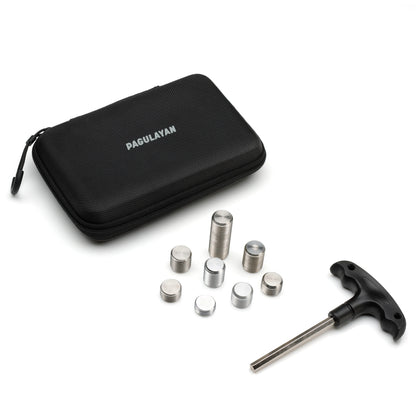 Pagulayan Precision cue weight bolt kit with eight interchangeable weights, carrying case and Allen wrench.