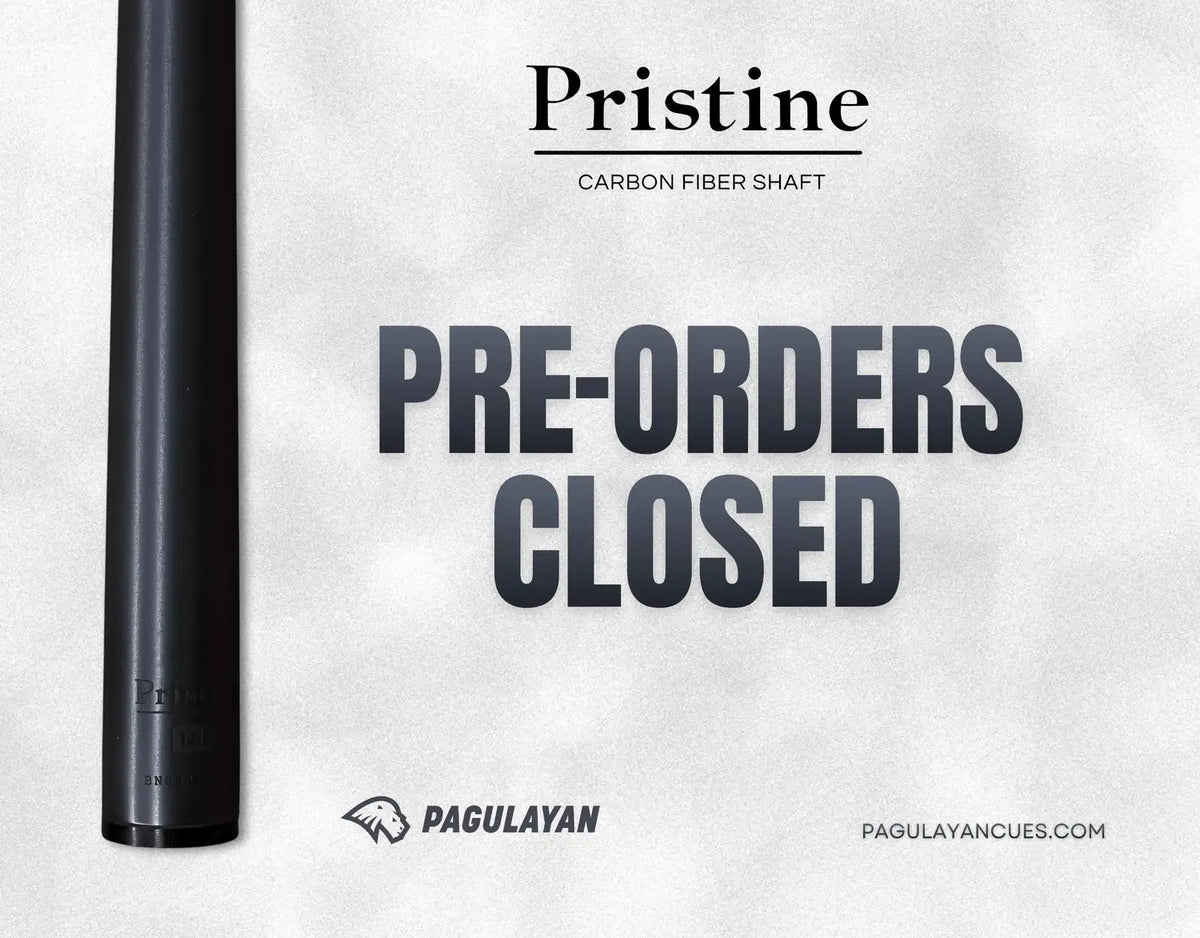 Pagulayan Pristine carbon fiber pool cue shaft mobile banner announcing pre-orders closed.