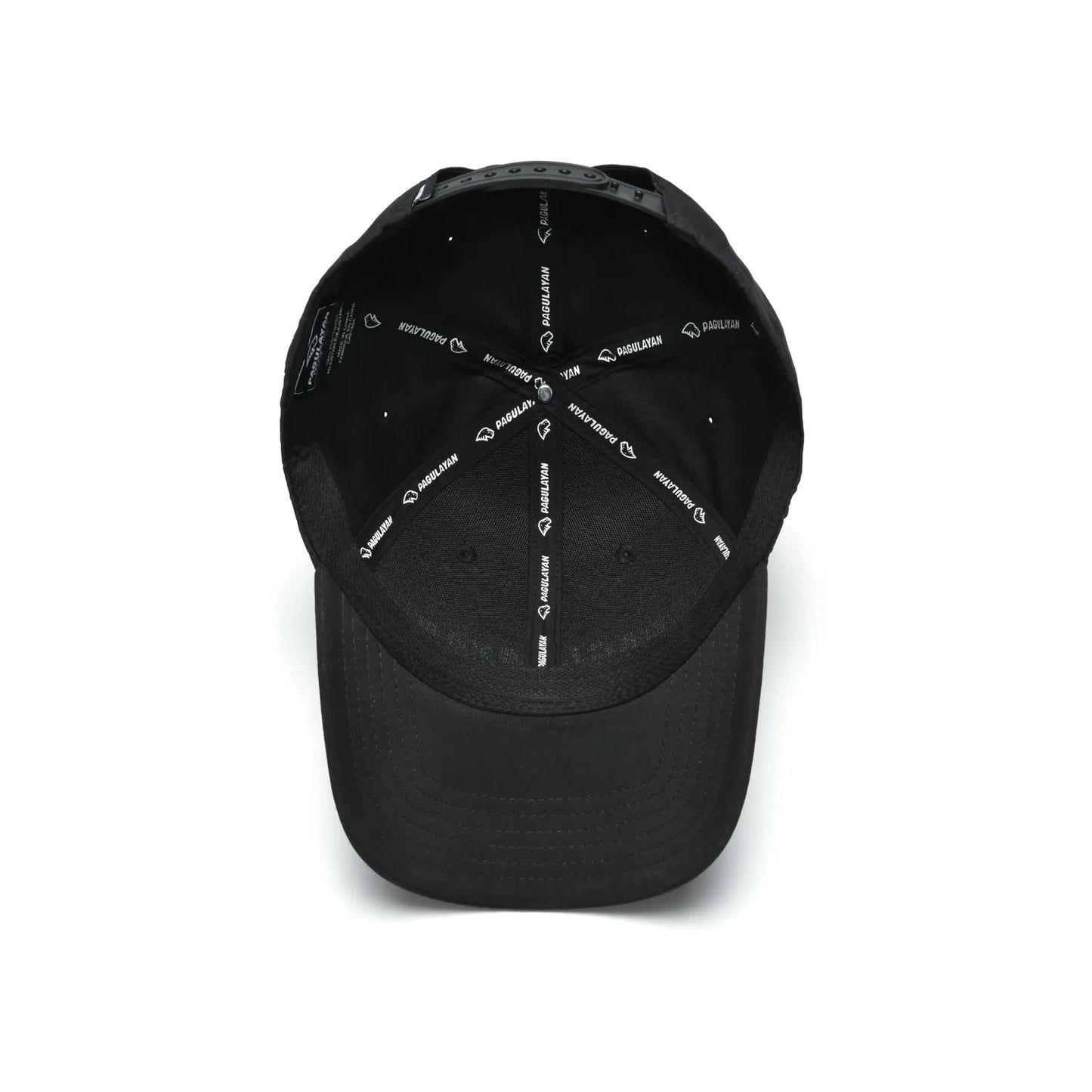 Interior view of Pagulayan Stealth Logo black snapback cap showing 6 panel construction and branded interior taping.