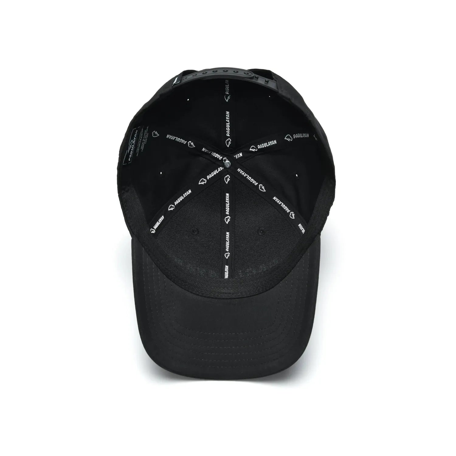 Interior view of Pagulayan Stealth Logo black snapback cap showing 6 panel construction and branded interior taping.