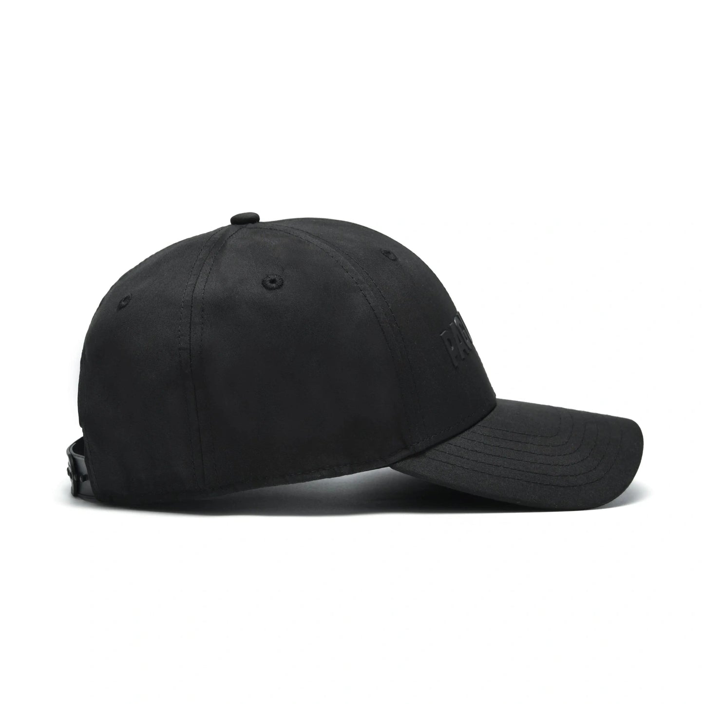 Side view of Pagulayan Stealth Logo black snapback cap showing 6 panel snapback cap structure and curved brim.