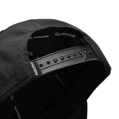 Close-up of Pagulayan Stealth Logo black snapback cap adjustable snapback closure at the back.