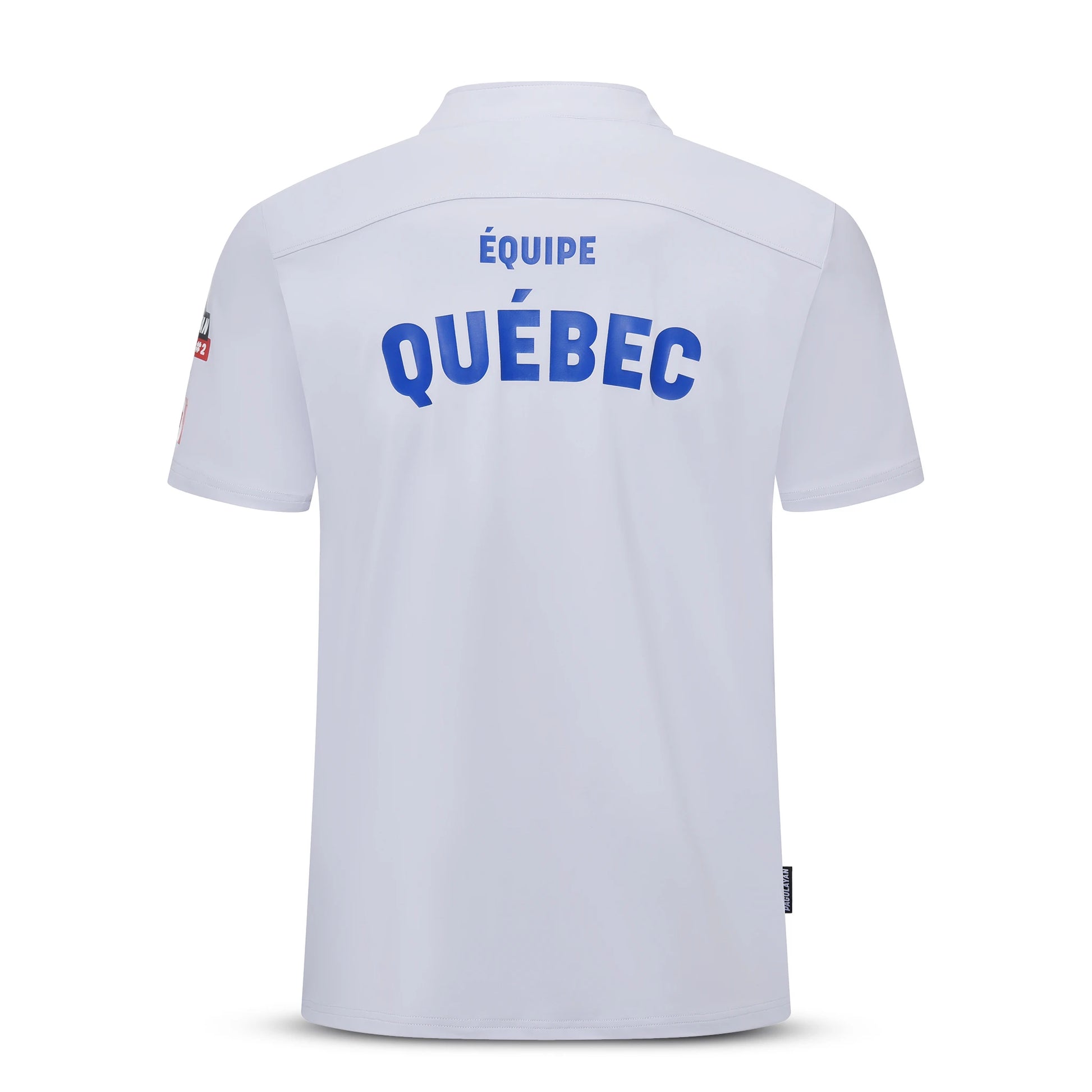 Back view of the Pagulayan Team Québec billiards jersey showing the ÉQUIPE QUÉBEC print in bold blue letters.